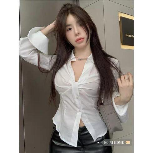 MATINEE Gathered Strip Button Front  Long  Sleeve Top